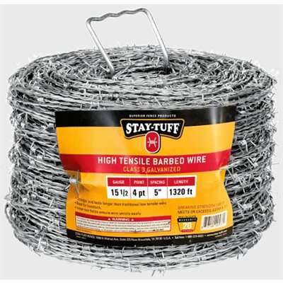 Stay-Tuff® High Tensile Strength 4-Point Design Barbed Wire, 15.5 ga x 5 inch Spacing